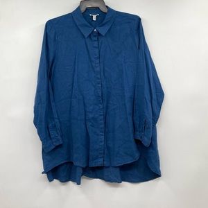 EILEEN FISHER Blue IRISH LINEN TUNIC SHIRT Collared Button-Up OVERSIZE XL 1X